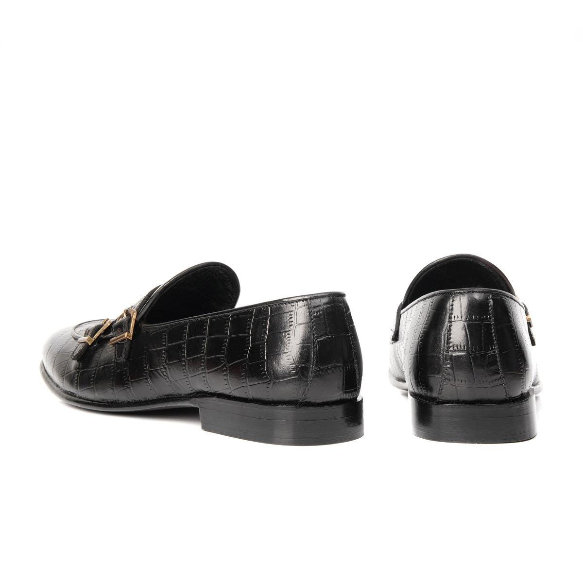 Black Croc Embossed Double Monk Loafers Bella Tread