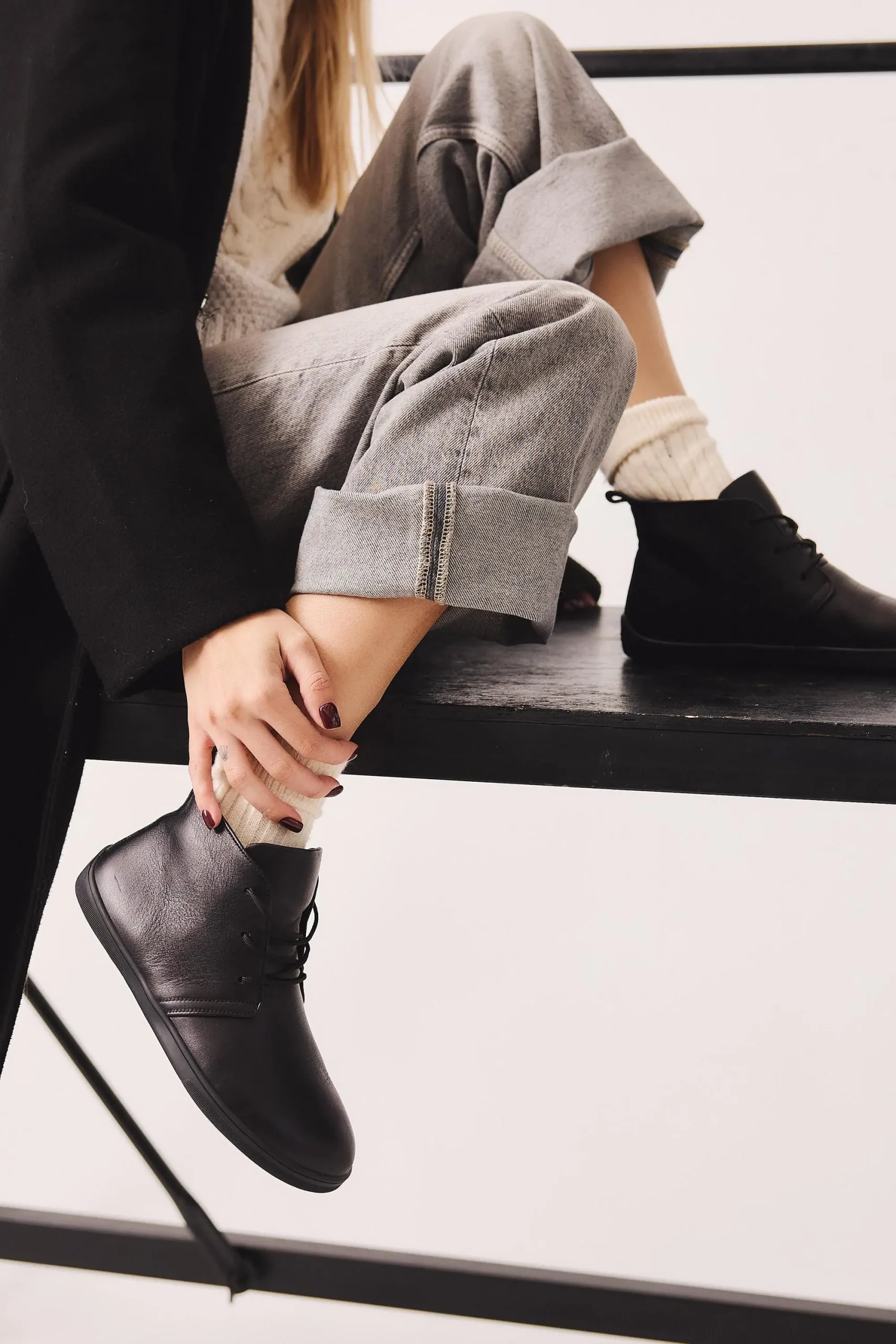 Barefoot Black Leather Boots For Women Wide Toe