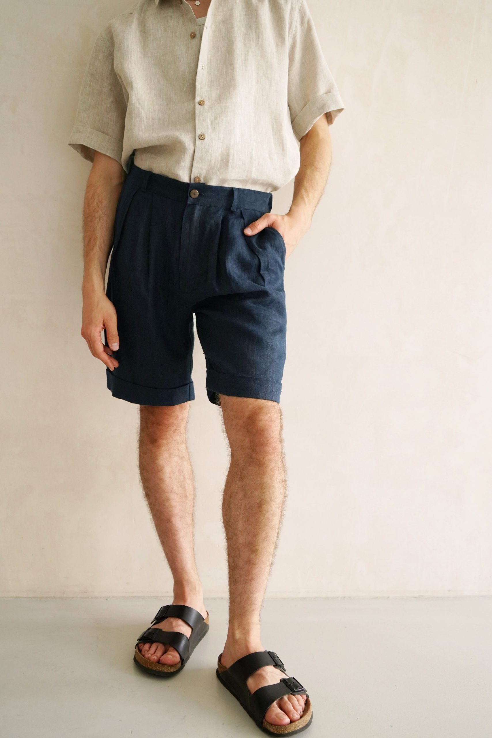 Mens Linen Shorts With Pleats Pleated For Men