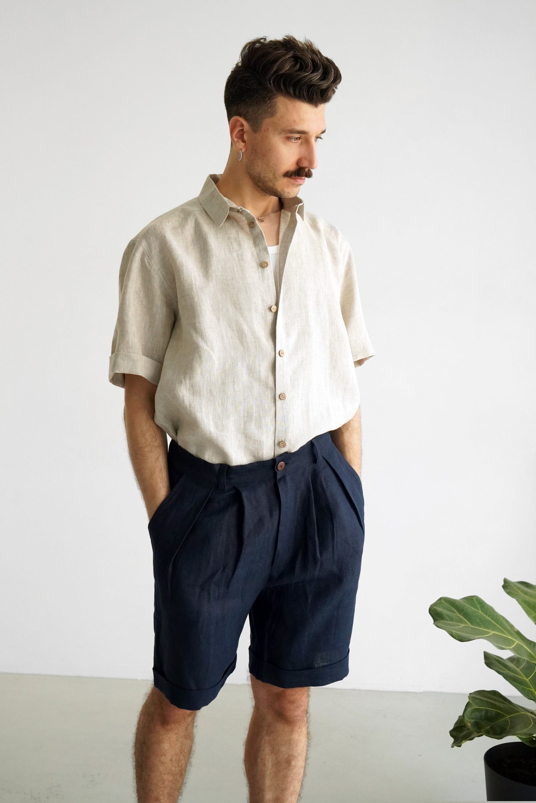 Mens Linen Shorts With Pleats Pleated For Men