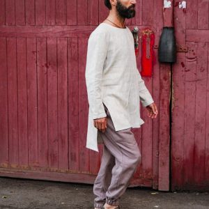 Linen T Shirt With Side Slits Men's Basic