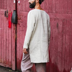 Linen T Shirt With Side Slits Men's Basic