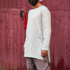 Linen T Shirt With Side Slits Men's Basic