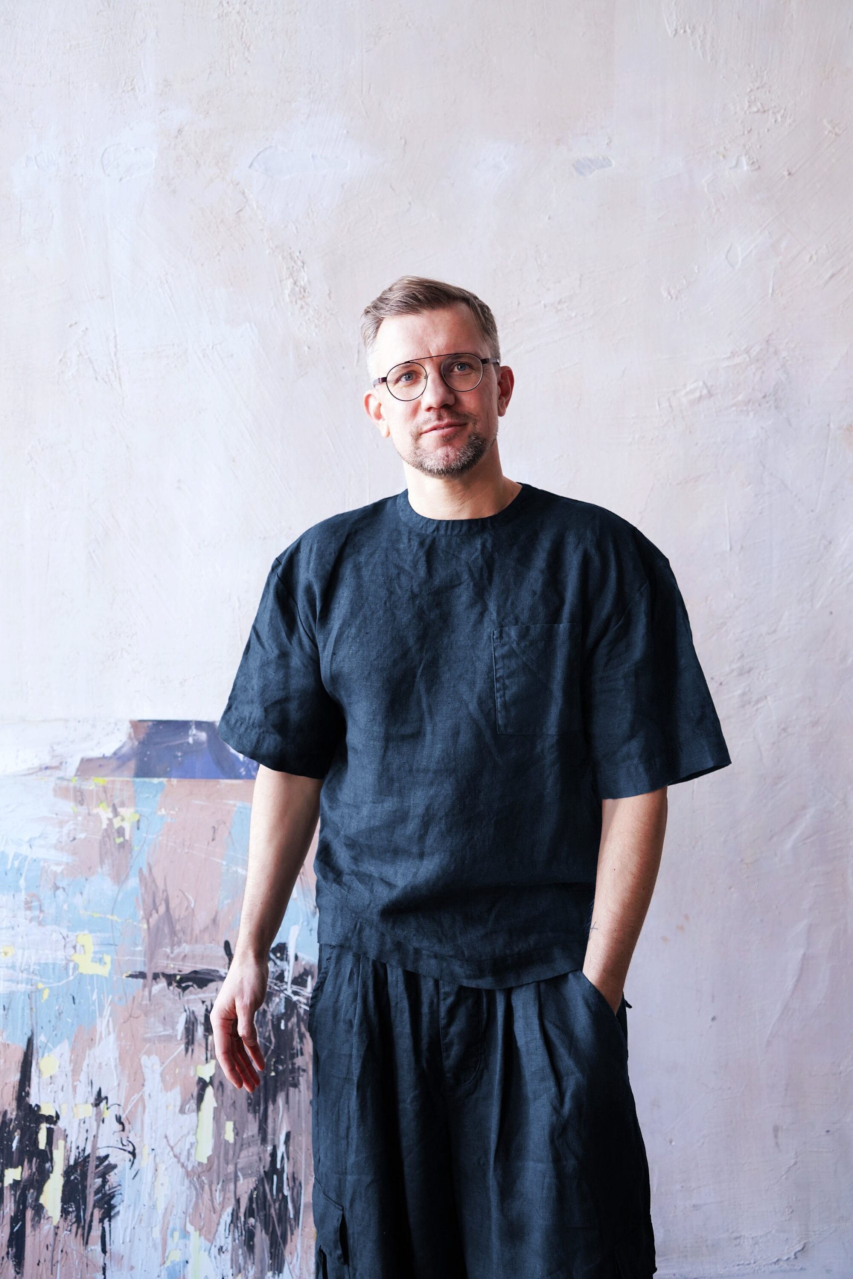 Mens Linen T Shirt Oversized Black Wide Sleeve