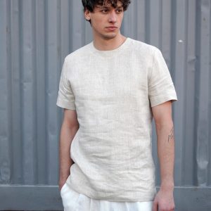 Mens Linen T Shirt Narrow Neck Summer For