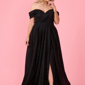 Long Off Shoulder Glitter Prom Dress Black