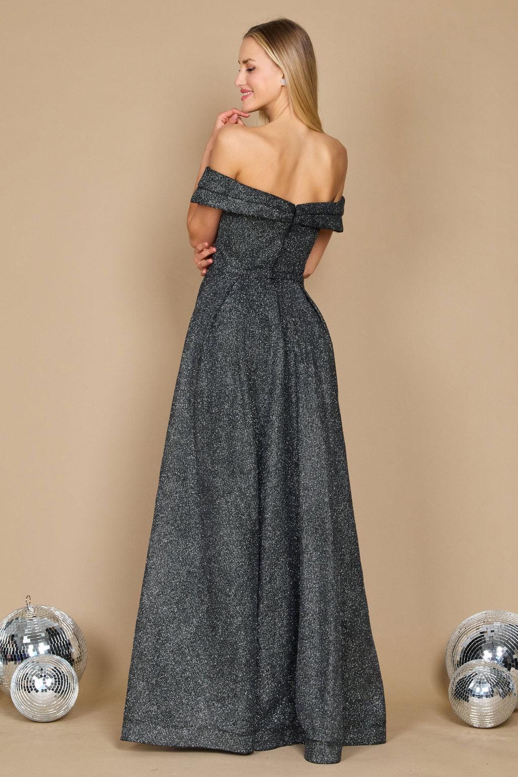 Long Off Shoulder Glitter Prom Dress Black