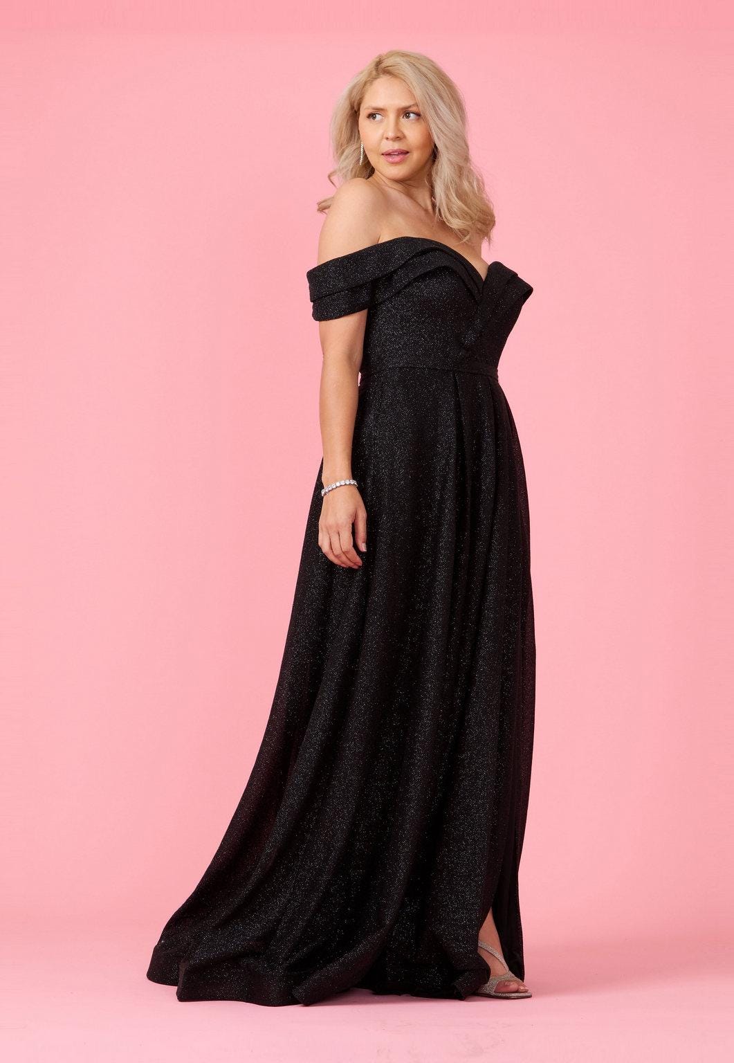 Long Off Shoulder Glitter Prom Dress Black