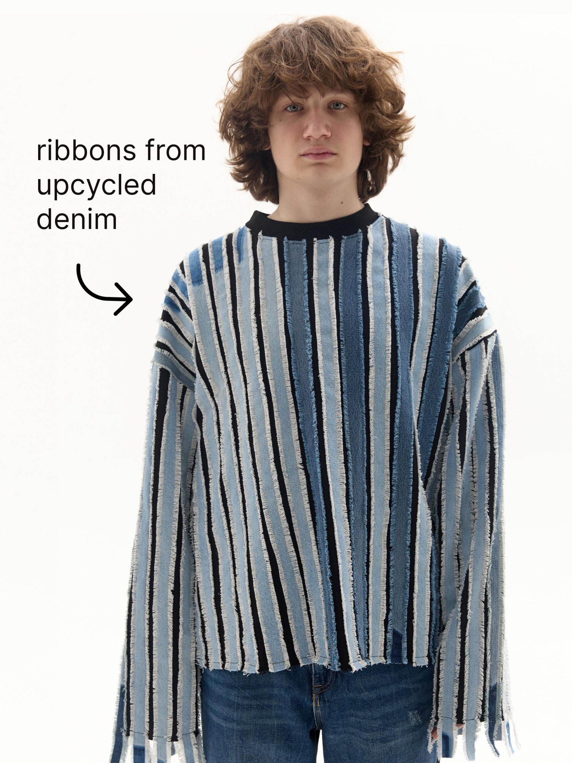 Frayed Striped Pullover Ribbons From Recycled Denim Handmade