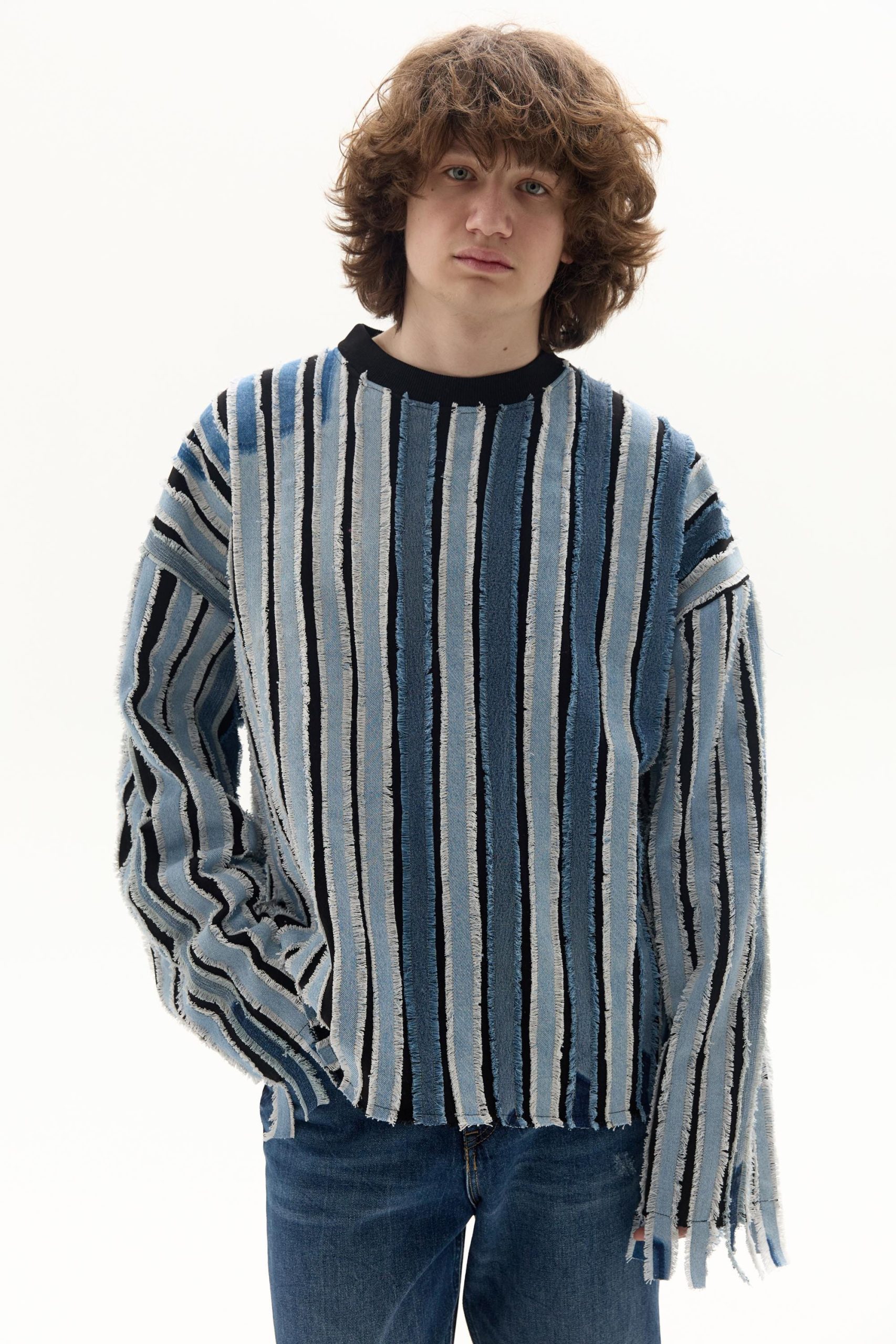 Frayed Striped Pullover Ribbons From Recycled Denim Handmade