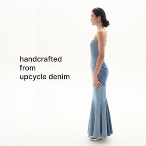 Upcycled Denim Strapless Maxi Dress: Fitted Corset Flared