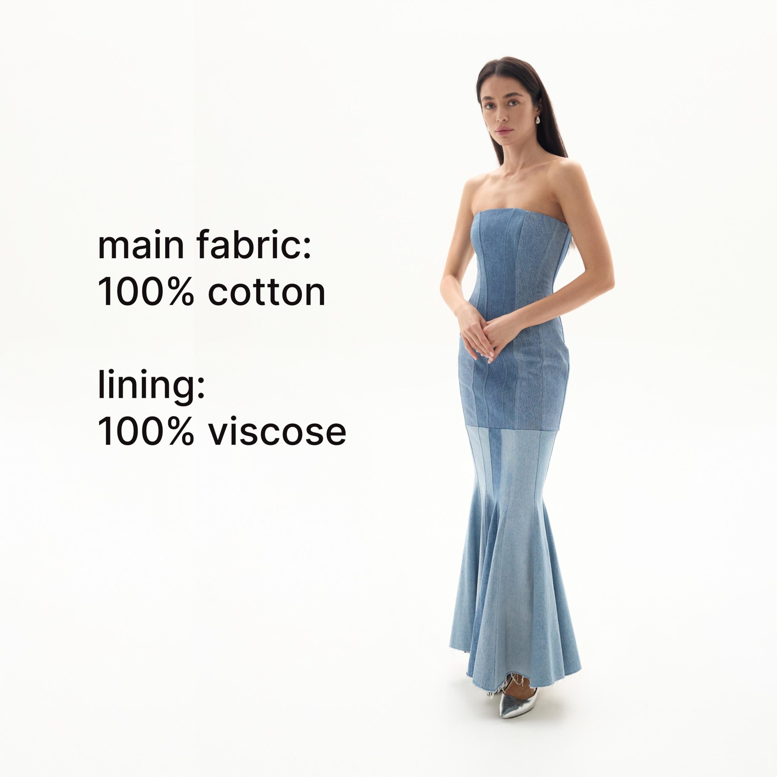 Upcycled Denim Strapless Maxi Dress: Fitted Corset Flared