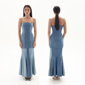 Upcycled Denim Strapless Maxi Dress: Fitted Corset Flared