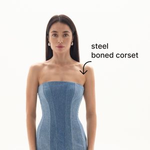 Upcycled Denim Strapless Maxi Dress: Fitted Corset Flared