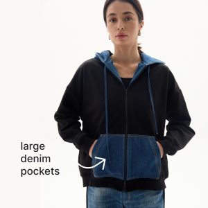 Upcycled Hoodie: Lightweight Black Cotton Zipup Sweatshirt Hood