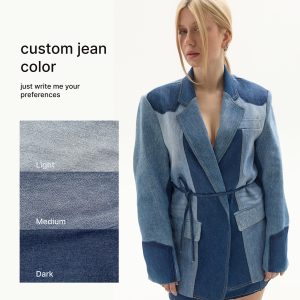 Upcycled Denim Patchwork Blazer: Oversized Belted Jean Jacket