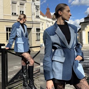 Upcycled Denim Patchwork Blazer: Oversized Belted Jean Jacket