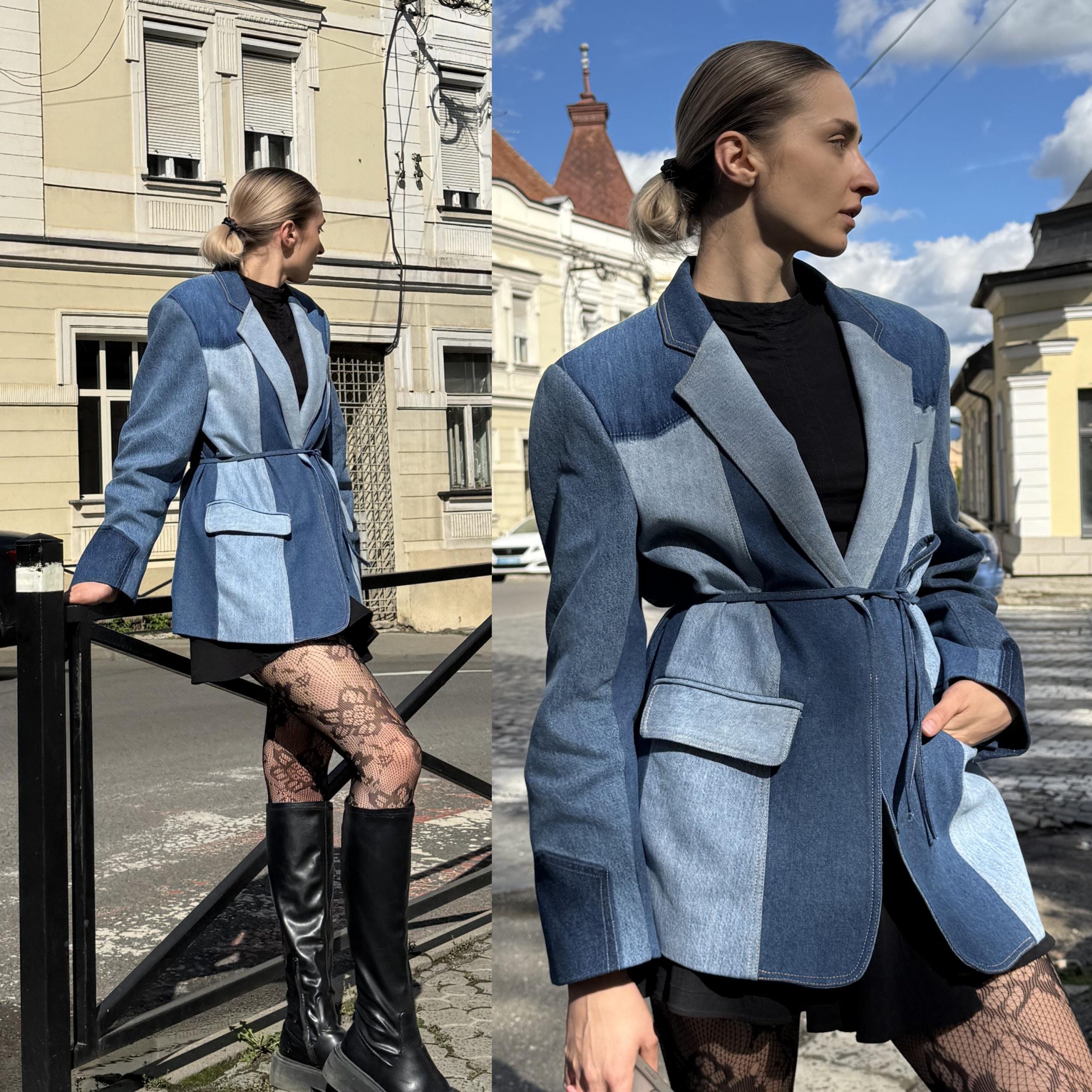 Upcycled Denim Patchwork Blazer: Oversized Belted Jean Jacket