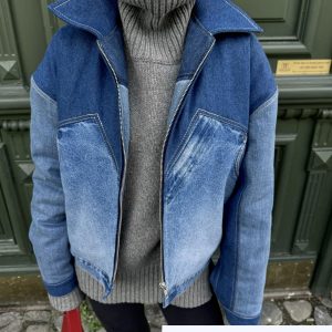 Upcycled Denim Patchwork Bomber Jacket: Oversized Padded Jean