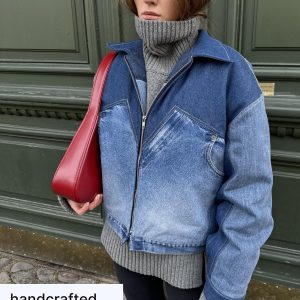Upcycled Denim Patchwork Bomber Jacket: Oversized Padded Jean