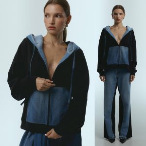 Upcycled Hoodie: Lightweight Black Cotton Zipup Sweatshirt Hood