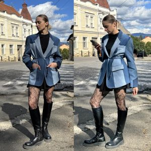 Upcycled Denim Patchwork Blazer: Oversized Belted Jean Jacket