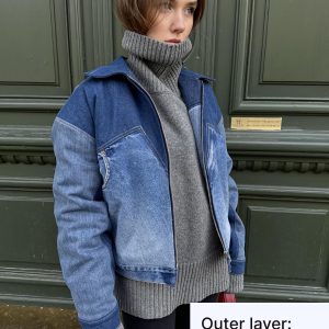 Upcycled Denim Patchwork Bomber Jacket: Oversized Padded Jean