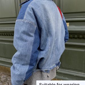 Upcycled Denim Patchwork Bomber Jacket: Oversized Padded Jean