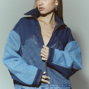 Upcycled Denim Patchwork Bomber Jacket: Oversized Padded Jean