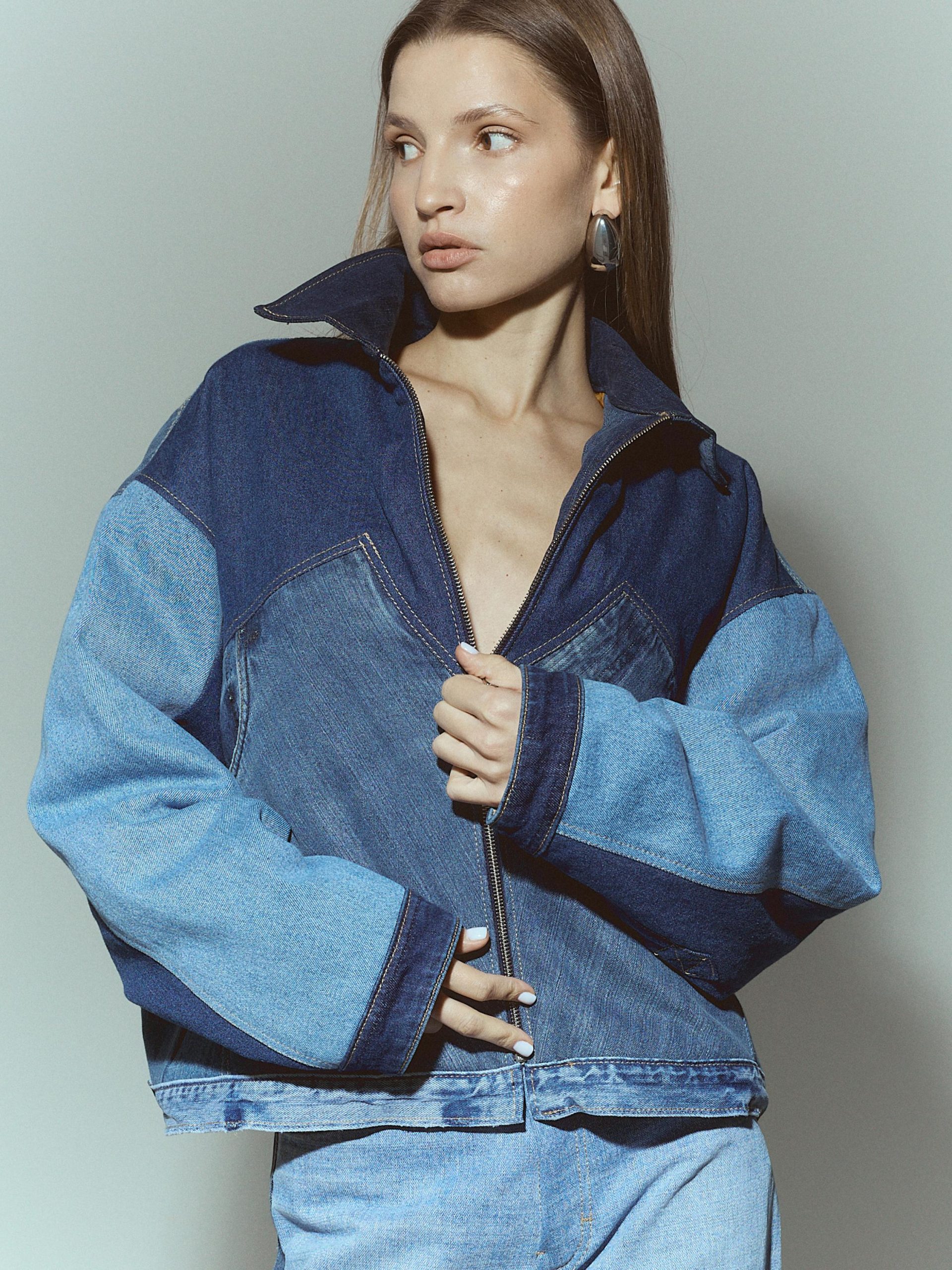 Upcycled Denim Patchwork Bomber Jacket: Oversized Padded Jean