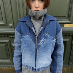 Upcycled Denim Patchwork Bomber Jacket: Oversized Padded Jean